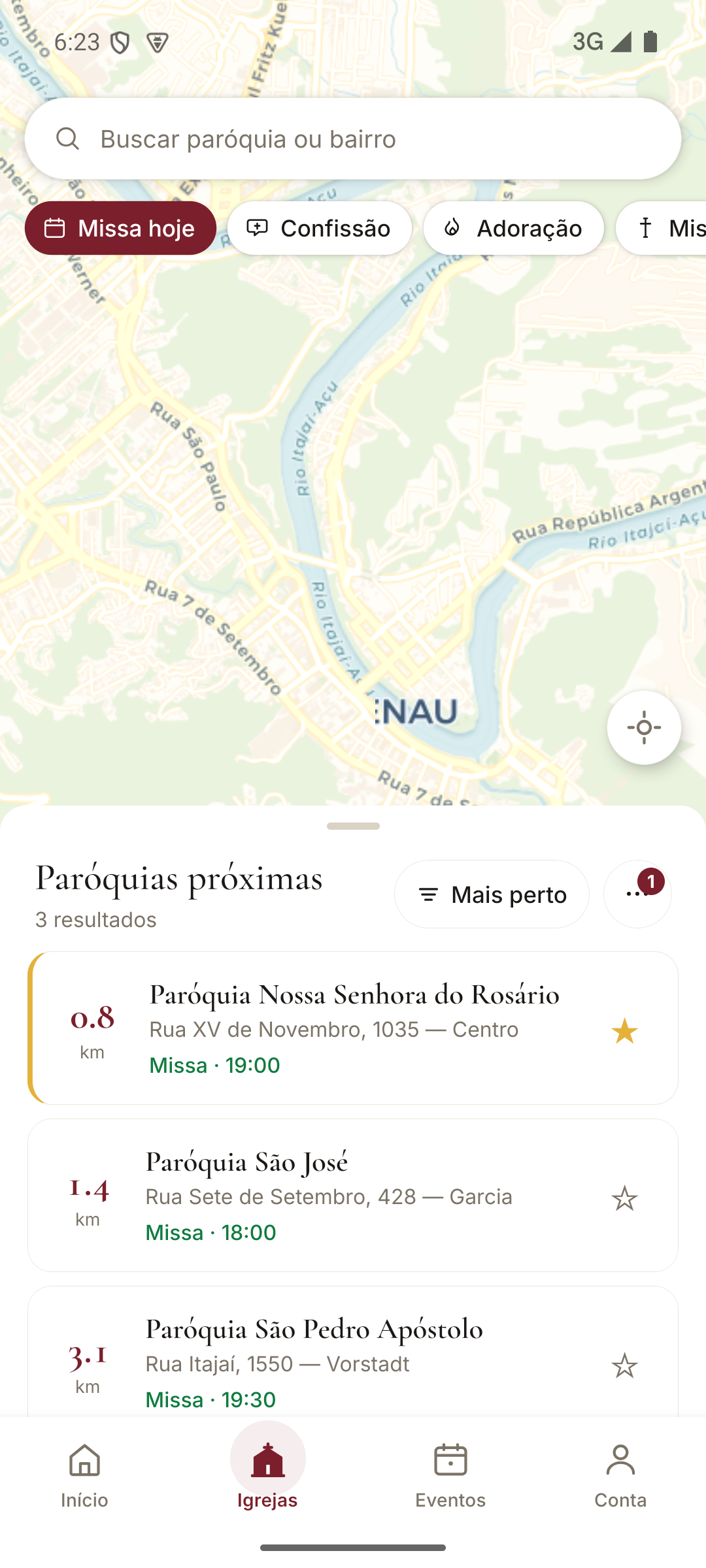 The Ecclesiam app showing a map with the nearest parishes and their Mass times
